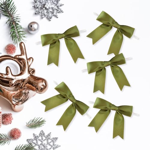 Meseey 50 Pcs 3 Inches Twist Tie Satin Ribbon Bows Moss Green Pretied Premade Craft Bows for Treat Bags Gift Wrapping Basket Wedding Baby Shower Brithday Christmas Party (3", Moss Green) - color: Moss Green
