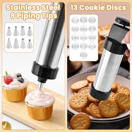 Cookie Press Kit, Manual Spritz Cookie Maker Set with 13 Discs and 8 Tips