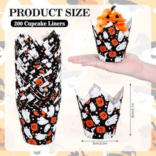 Whaline 200Pcs Halloween Tulip Cupcake Liners Cute Ghost Pumpkin Dots Muffin Baking Cups Black Cupcake Wrappers for Party Supplies Table Decor