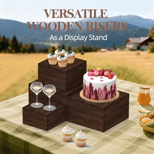 8 PCS Wooden Buffet Risers, Rustic Wood Cake Stands, Food Risers for Buffet & Dessert Table Display, Nesting Wooden Crates for Catering, Wedding, Party, Home Decor
