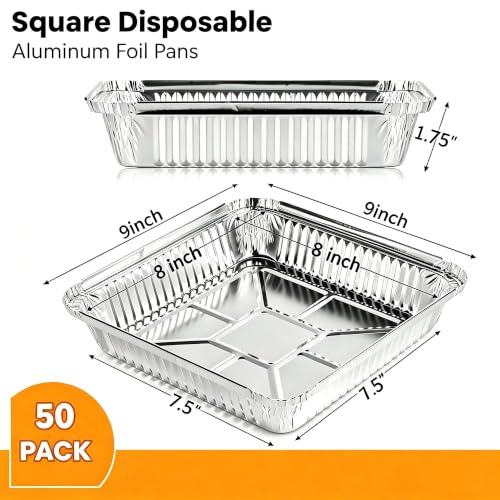 50 Pack 8x8 Aluminum Pans, Disposable Foil Pans, Square Aluminum Foil Tin Baking Cake Pans,Roasting Trays Disposable Food Containers Great for for Baking, Cooking, Heating, Storing, Prepping Food