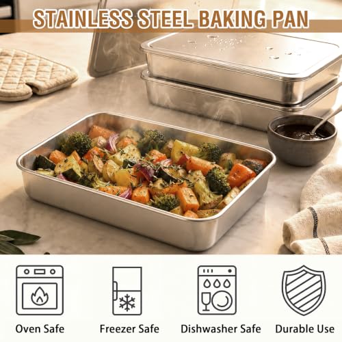 Tioncy 3 Sets Baking Stainless Steel Pan with Lid, 6 x 9 Inch - size: 9 x 6 Inch
