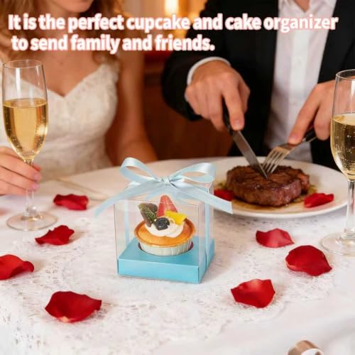 50Pcs 3.5inch Individual Cupcake Boxes with Ribbon, Clear Single Cupcake Containers (Blue) - color: Blue, size: 50pcs