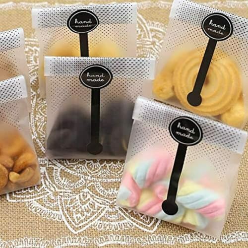 Cookie Bags for Packaging, Searik Translucent Plastic Cellophane Pastry Treat Bags for Party Gift Giving Bakery Bread Candy Chocolate Wrapping Goods with Stickers and Ribbon (3.5 x 8.8 Inches, 80 Pcs) - size: 3.5 x 8.8 Inches