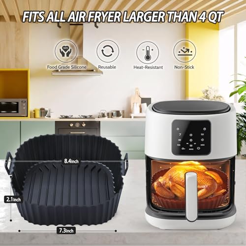 Komzon Silicone Air Fryer Liners Reusable 3 PCS, Airfryer Liners, Silicone Air Fryer Basket Liners Square, Food Grade AirFryer Accessories 4-7 QT, Ktchen Gadgets for Pot Oven Liner Baking Tray Pan - color: Black
