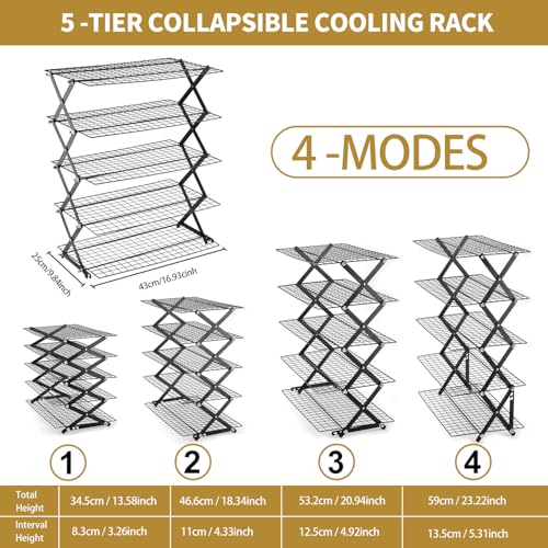 5-Tier Stackable Cooling Rack for Baking, Collapsible Wire Cookie Rack with Adjustable Heights, Non-Stick Roasting & Drying Rack for Cupcakes, Pies and Pastries, Space-Saving Kitchen Essential - size: 5 Tiers