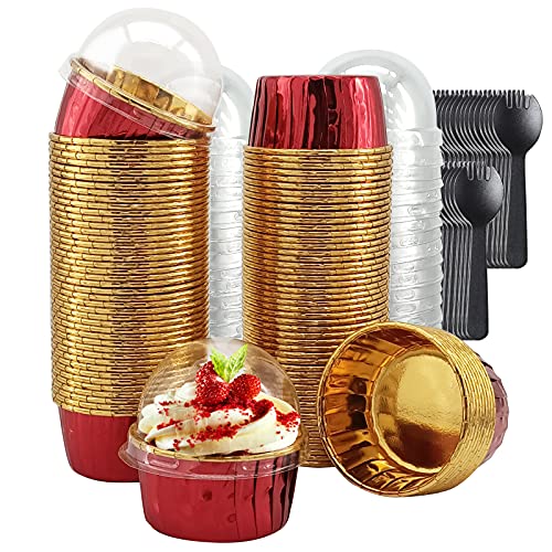 LNYZQUS 100 Pack Cupcake Liners with Dome Lids, 5oz Mini Baking Cups - color: Red Gold, size: 100 Pack