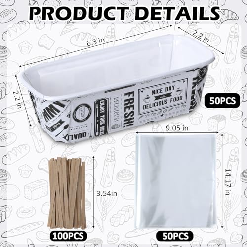 50 Sets Paper Loaf Pans for Baking 6.3 x 2.2 x 2.2 Inch Disposable Paper Baking Pans with Clear Plastic Bags and Kraft Ties Rectangle Cake Mold for Bread Sweets Tea Party (Black Newspaper) - style: Black Newspaper