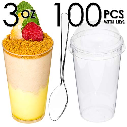 DLux 100 x 3 oz Mini Dessert Cups with Lids & Spoons, Shooter - color: 100 cups + 100 lids + 100 spoons