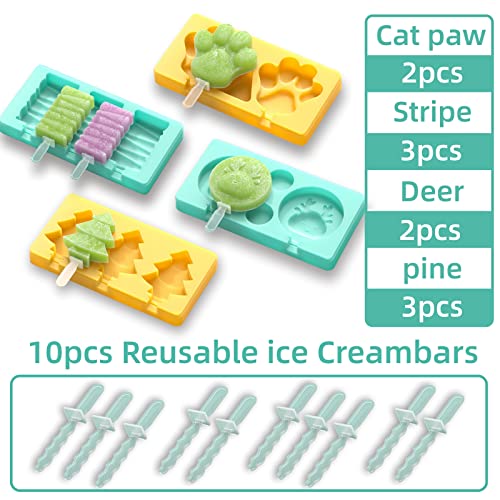 Kids Cartoon Popsicle Molds - 4 Pack, 10-Cavity Food-Grade Silicone Ice Pop Cream Molds, with Reusable Sticks, Non-Stick Flat Design, Easy Release, Stackable for Space Saving - color: fawn+cat's claw+stripes+pine tree