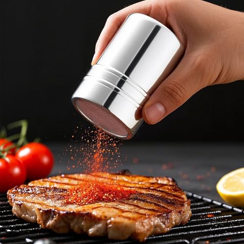Powdered Sugar Shaker Duster, 2PCS Stainless Steel Cinnamon Shaker for Coffee Bar, Fine Mesh Dredge, Salt and Pepper Shakers for Soda, Cocoa, Cornstarch, Seasoning, 6 Ounce, with Lid
