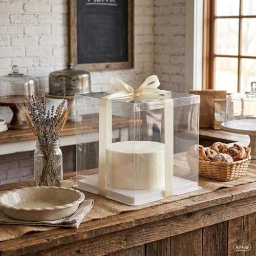 14x14x12 Clear PET Cake Boxes 30 Bulk Pack with Food-Grade Base & 6 Rolls Just For You Satin Ribbon, Wholesale Extra Tall Carrier for Bakeries, Large Multi-Tier Wedding Cakes & Gift Packaging - size: 14 inch