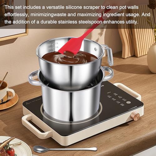 304 Stainless Steel Double Boiler Set - 2.6QT Melting Bowl with Scale and Handle - 4.2QT Dual-Handle Pot - Stackable Water Bath Melting Pot Set for Butter, Chocolate, Wax, Sugar, Candle