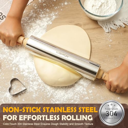 LUSHYUM 304 Stainless Steel Adjustable Rolling Pin with Thickness Rings