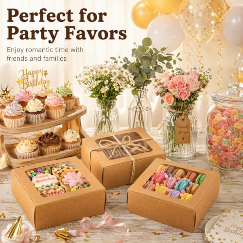 Eorbow 40 Pack Brown Bakery Boxes with Window and Dividers, 6 x 6 Inch Mini Pastry Boxes with 4 Compartments, Kraft Treats Gift Boxes with Inserts, Cupcake Packaging Containers for Pastries Biscuits