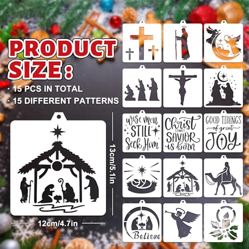 Whaline 15 Pcs Jesus’ Birth Bread Stencils Painting Stencils Christmas Nativity Christ Decorative Cake Baking Templates with Bead Chain for Xmas Holiday Party DIY Craft, 4.7 x 5.1 Inch - style: Nativity