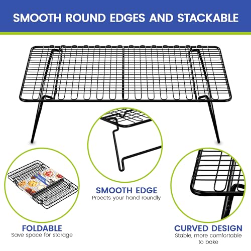 MIU Stackable Cooling Racks for Cooking and Baking with Folding Legs, Multi Tier, Set of 2, Black, Wire Grid Stainless Steel, Kitchen Counter and Oven Safe