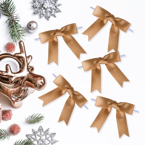 Meseey 50 Pcs 3 Inches Twist Tie Satin Ribbon Bows Latte Pretied Premade Craft Bows for Treat Bags Gift Wrapping Basket Wedding Baby Shower Brithday Christmas Party (3", Latte) - color: Latte
