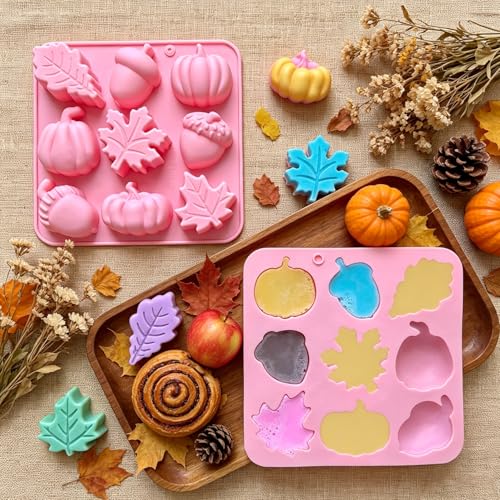 2 Piece Fall Silicone Molds for Chocolate, 3D Maple Leafs Acorns and Pumpkins Shape Autumn Silicone Mold Large Size 18-Cavities Candy Moulds for Thanksgiving Harvest Theme Candy Pudding Jelly Making - color: Fall Styl 50