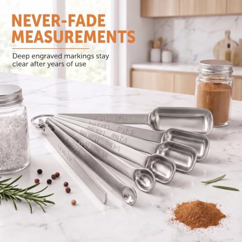 Stainless Steel Measuring Spoons Set of 13, Includes 7 Rectangular Measuring Spoons, 1 Leveler & 5 Tiny Spoons, Compact Spoons Design for Spice Jars, Ideal for Dry and Liquid Ingredients - size: Set of 13