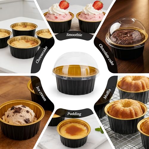 100-Pack 5 oz Black Gold Mini Cake Pans with Lids, Disposable Aluminum Foil Baking Cups, Muffin Tins, Ramekins for Cupcakes, Brownies, Flan, Pudding - Wedding, Birthday Party Supplies - color: Black/Gold