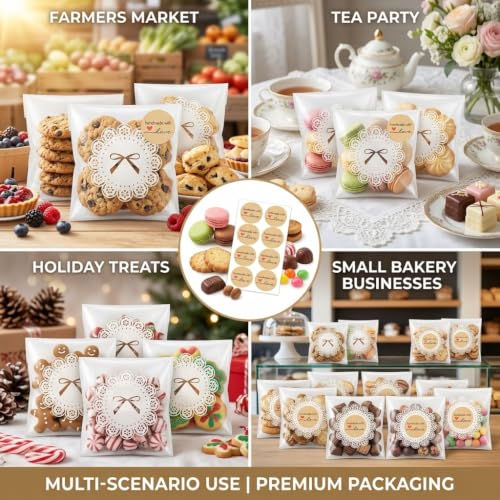 100 PCS Self Sealing Cookie Bags, Lace Bow, 4 x 4 Inch with 108 Stickers