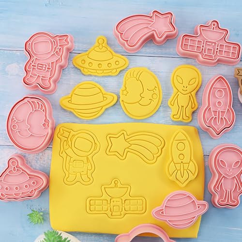Space Cookie Cutters 8Pcs 3D Astronaut Rocket Cookie Molds for Party Baking - color: Space