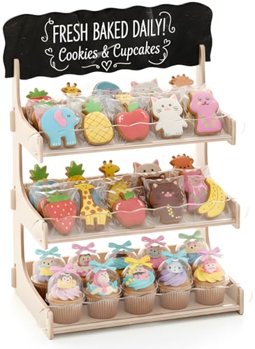 HOTCAN Cookie Display Stand for Bakers & Vendors with Acrylic Front | Wooden Dessert Stand with Chalkboard Sign for Market Booths, Craft Fairs & Events | 3 Tiered Cookie Display for Cupcakes, Muffins & Pastries (Natural) - color: Natural, size: 3 Tier