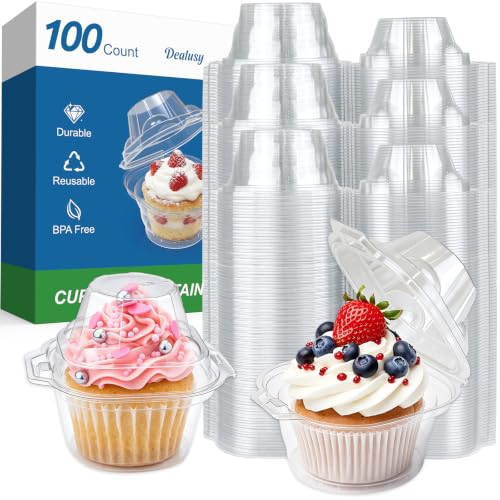 Dealusy 100 Pack Individual Cupcake Containers with Airtight Lids