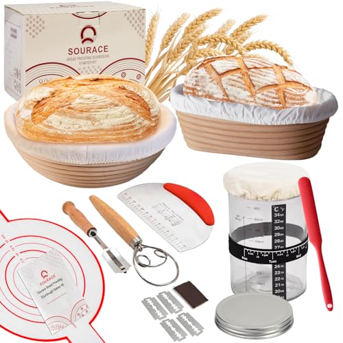 Sourdough Starter Kit with 10" Round & 9" Oval Banneton Proofing Basket and Starter Jar, Complete Sourdough Bread Baking Supplies and Baking Gifts for Women, Men, and Bread Bakers - style: upgraded Bread Proofing Basket Set