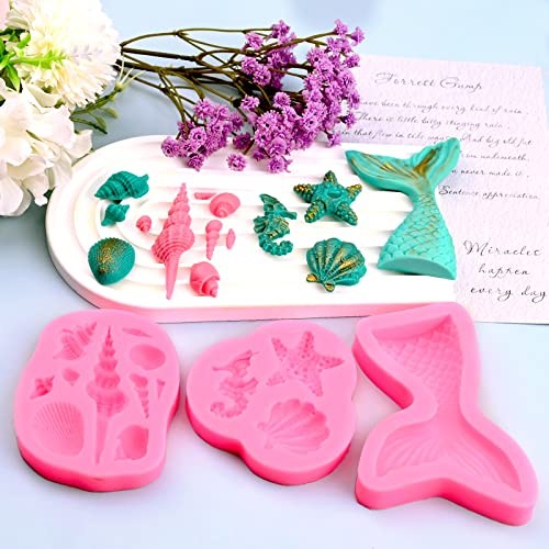 SAKOLLA Mermaid Theme Silicone Fondant Mold - Mermaid Tail Seashell Starfish Hippocampus Conch Silicone Mold for Under The Sea Cake Decoration, Gum Paste, Polymer Clay, Cupcake Decor, Sugar Craft - color: Mermaid Theme 3 Pcs/Red