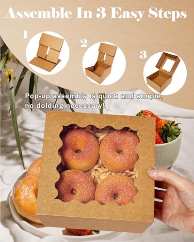 qiqee Auto-pop up Cookie Box with Window 6x6x3 Inch Brown 60Pcs Pastry Macaron Bakery Pie Box for Packaging - color: 6x6x3, 60Pcs,Brown