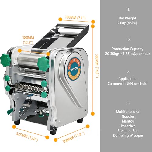 Commercial Pasta Maker Machine,Electric Noodle Maker&Dumpling Machine for Home Use,Stainless Steel Dual-Cutter No Disassembled-3/9mm Width Noodle/Thickness Dough-Auto Noodle Sheeter - size: XL180-3/9US