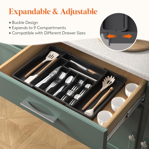 Lifewit Expandable Silverware Drawer Organizer, Kitchen Utensil Tray - color: Black, size: XL (13"-22.4" W × 15"D)
