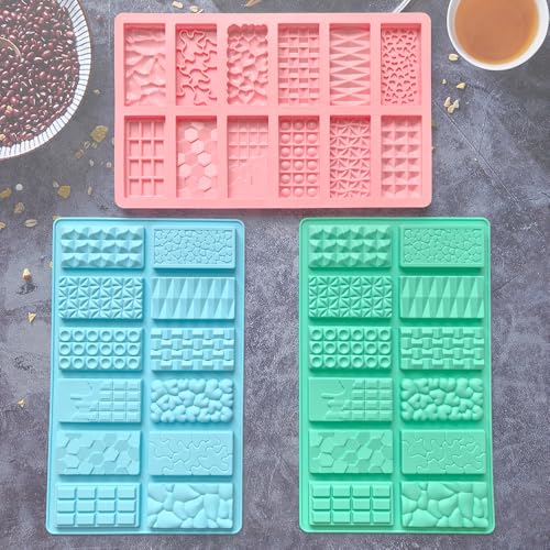 3Pcs Mini Silicone Chocolate Bar Molds, 12 Different Cavities Break Apart Non-stick Chocolate Bar Candy Jello Crayon Gummy Soap Molds 0.39” Thickness Wax Melt Molds for Milk Pistachio Chocolate Bar