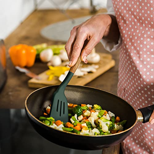 Non-Stick Silicone Cooking Utensils Set with Natural Acacia Hard Wood Handle, 5 Piece, High Heat Resistant (Green) - color: Green