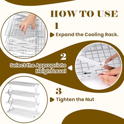 BEWOS 4 Tier Collapsible Cooling Rack - Adjustable Stainless Steel Baking Rack with Leak-Proof Mesh, X-Shaped Structure Cooling Rack for Cooking and Baking, Dishwasher Safe - color: Silver, size: 4 Tier
