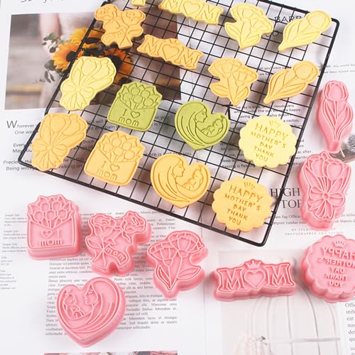 Mother‘s Day Cookie Cutters, 8Pcs 3D Plastic Cookie Molds Thank You Rose Tulip Shape Biscuit Cutters for Mother's Day or Birthday Party Baking Cutting Tool(E8) - color: E8