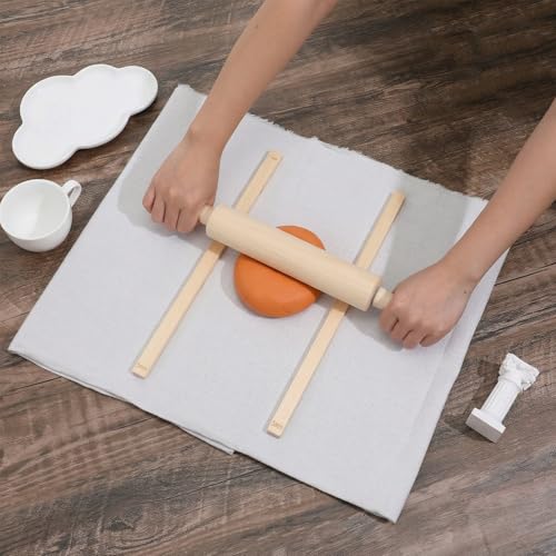 12 Pcs Pottery Tools Set with Clay Rolling Pin, Wooden Rolling Pin for Pottery Wheel, 10 Teaching Mud Stick Guides, Linen Tablecloth for Ceramic Craft, Portable Wedging Board Alternative