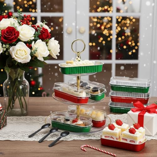 30 Pack 6.8oz Christmas Green Disposable Rectangular Aluminum Foil Mini Loaf Pans with Lids,Mini Cake Pans for Baking, Loaf Baking Pans, Small Individual Containerfor for Patrick’s Day Party Picnics - color: Green