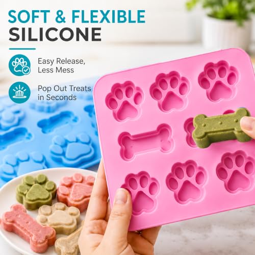 2 Pcs Dog Treat Molds Silicone with Puppy Dog Paw and Bone Shaped 2 in 1，Easy Release – Non-Stick Molds for Homemade Dog Treats, Pudding, Peanut Butter & Baking Biscuits - color: 2pc-Bone & Paw Shapes