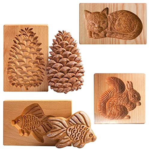 4 Pieces Wooden Cookie Molds Biscuit Carved Wooden Mould DIY Cookie Stamps Cookie Cutter Funny 3D Press Embossing Mold Animal Pattern Baking Tool - color: Animals 4PCS set