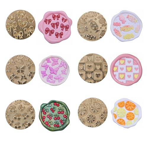 6-Piece Cute Wax Seal Stamp Set – Full-Coverage Pattern Collection with Solid Brass Heads & Wooden Handle – Kawaii Candy Cherry Butterfly Designs for Cards, Envelopes & DIY Crafts