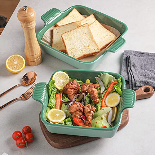 Sweejar Ceramic Baking Dish, 9 x 9 Cake Baking Pan for Brownie, Porcelain Square Bakeware with Double Handle for Casserole, Lasagna, Family Dinner (Light Green) - color: Light Green, size: Square 9IN