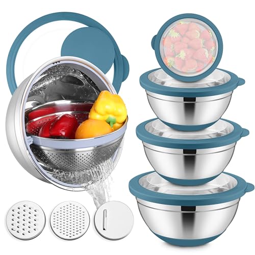 E-far Stainless Steel Mixing Bowls with Lids & Colander, 15PCS - color: Blue