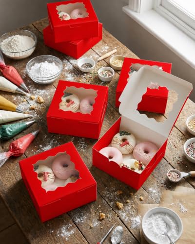 Bakepacker 60pcs Red Bakery Boxes with Window 6x6x3 inches Thick & Cookie Boxes & Sturdy Macaroon Pastry - color: Matte Red, size: 6"*6"*3" / 60 Pcs