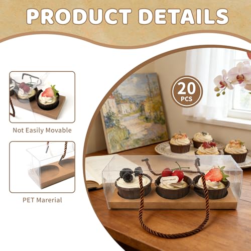 20Pcs Clear Cupcake Boxes with Handle, Cupcake Carrier for Party - color: Brown