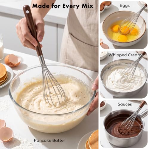 OYV Wooden Whisk 12 Inch, 304 Stainless Steel Wire Whisk with Walnut Handle - color: Walnut Brown