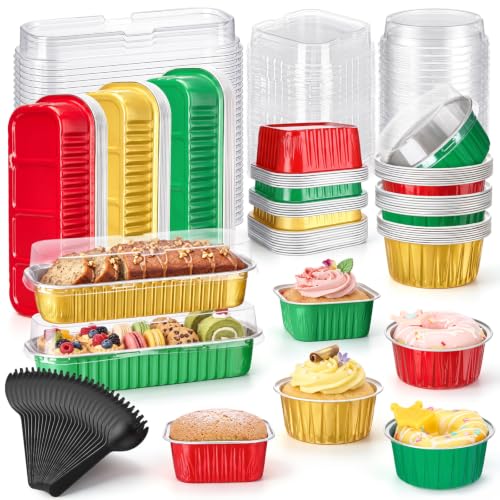 Blushtier 120 Set/240 Pcs Mini Loaf Pans Set with Lids and Spoons for Cake - color: Red Green Gold Color