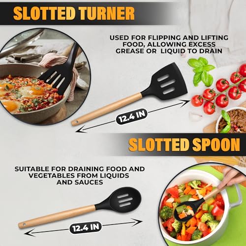 14 Pcs Kitchen Utensils Set with Holder, Beech Handles (Black)